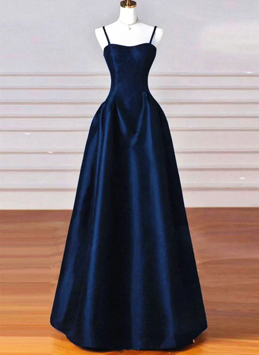 Navy Blue Satin Straps Long Formal Dresses Ball Gown Dress for Woman
