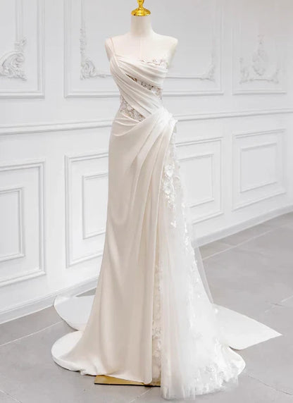 shopuniqlos-White satin floral lace off-the-shoulder long floor-length wedding dress prom dress gh5393