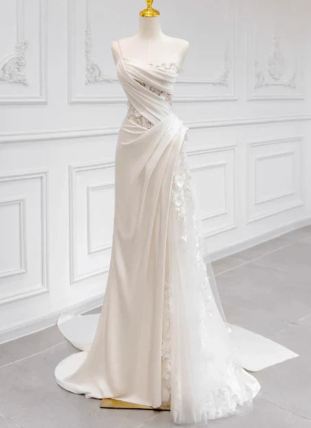 shopuniqlos-White satin floral lace off-the-shoulder long floor-length wedding dress prom dress gh5393