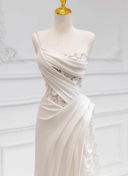 shopuniqlos-White satin floral lace off-the-shoulder long floor-length wedding dress prom dress gh5393