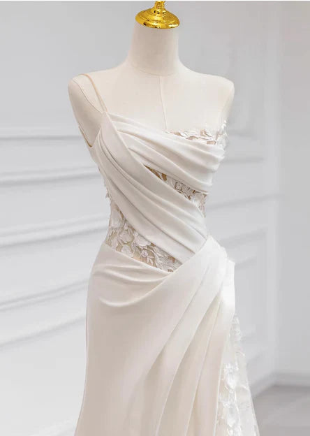 shopuniqlos-White satin floral lace off-the-shoulder long floor-length wedding dress prom dress gh5393
