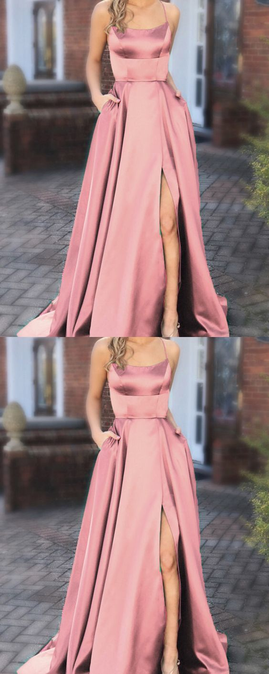 Unique Prom Dresses, dusty pink bridesmaid dresses,long satin bridesmaid dress P3242