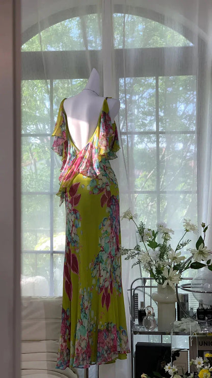 Green Print Floral Mermaid Spaghetti Strap Chiffon Backless Evening Dress Party Dress SH3799