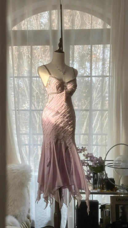 Hermoso vestido de fiesta de sirena de gasa con escote en forma de corazón, tirantes finos y cuentas brillantes, color rosa, TP4304