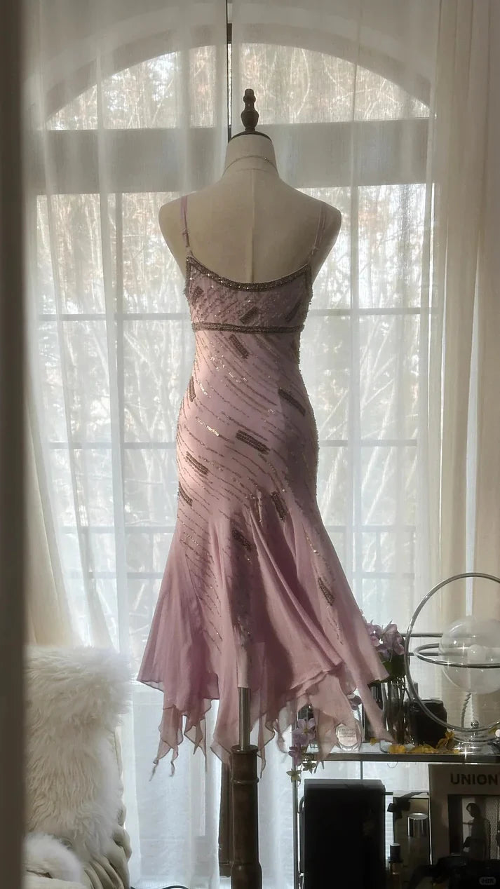 Hermoso vestido de fiesta de sirena de gasa con escote en forma de corazón, tirantes finos y cuentas brillantes, color rosa, TP4304