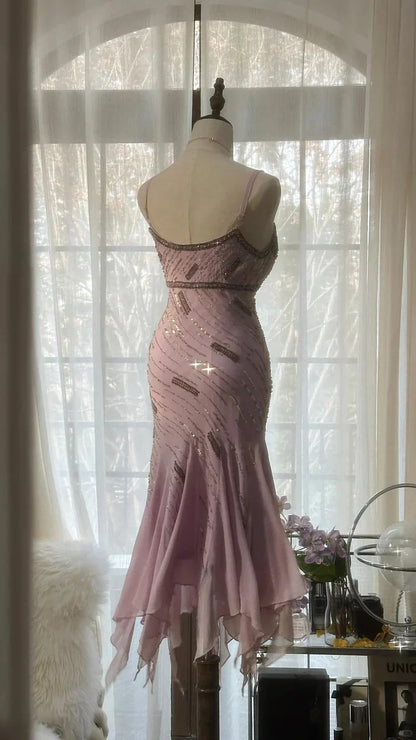 Hermoso vestido de fiesta de sirena de gasa con escote en forma de corazón, tirantes finos y cuentas brillantes, color rosa, TP4304