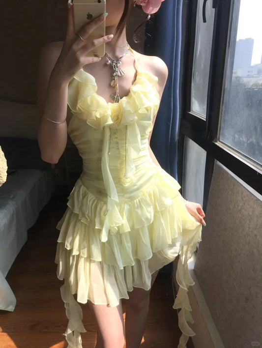 Yellow ruffle short tulle homecoming dress birthday dress gh4912