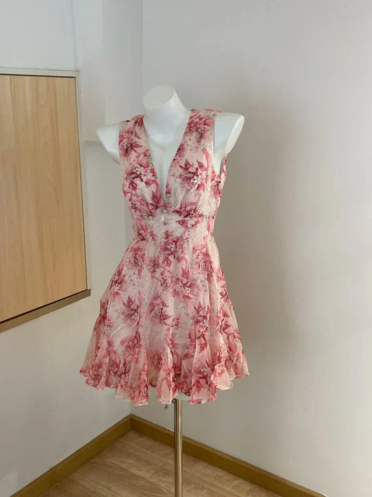 Cute Pink Floral Backless Design A-line Party Dress Homecoming Dress TP4080