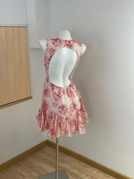 Cute Pink Floral Backless Design A-line Party Dress Homecoming Dress TP4080