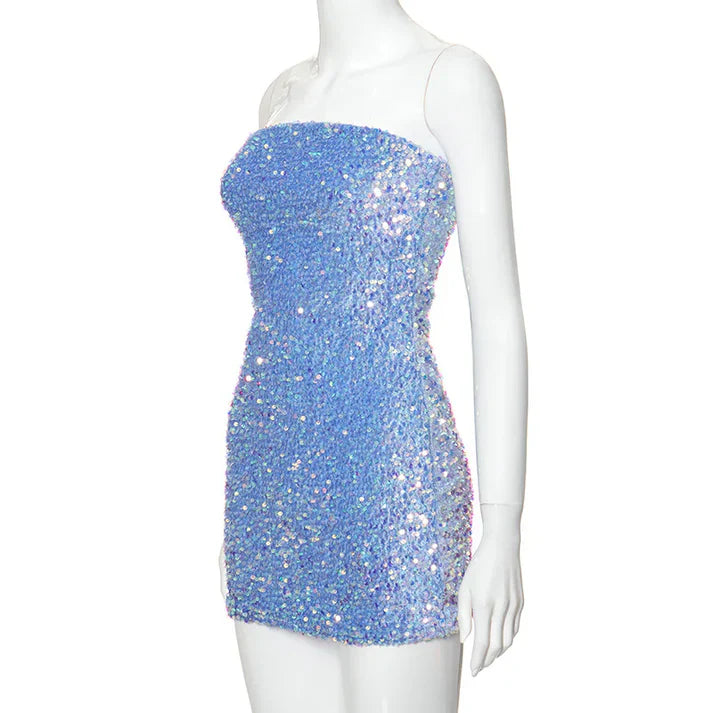Retro Sparkling Blue Strapless Sequin Design Bodycon Party Dress Homecoming Dress TP4081