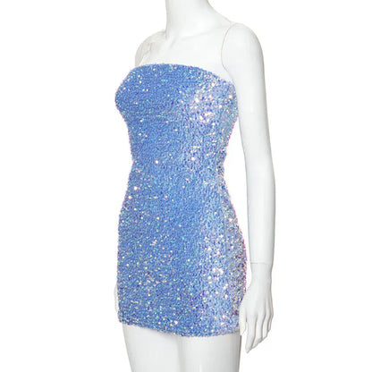 Retro Sparkling Blue Strapless Sequin Design Bodycon Party Dress Homecoming Dress TP4081