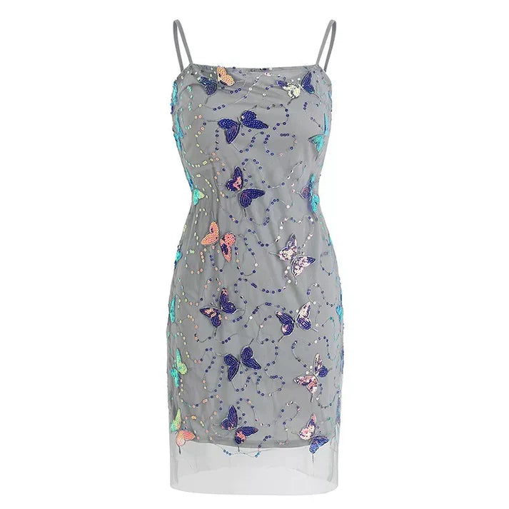 Elegante vestido de fiesta de gasa con tirantes finos en azul claro brillante, diseño de mariposa y lentejuelas, TP4082