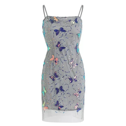 Elegante vestido de fiesta de gasa con tirantes finos en azul claro brillante, diseño de mariposa y lentejuelas, TP4082