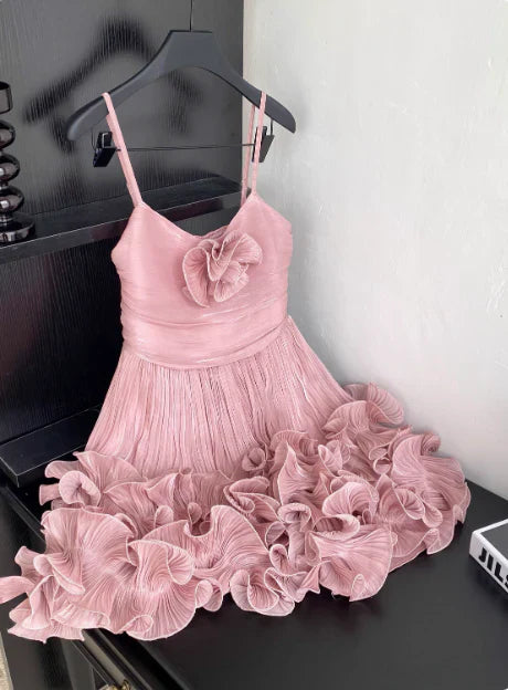 Cute Pink Spaghetti Strap Ruffle Design A-Line Homecoming Dress Party Dress Prom Dresses TP4138