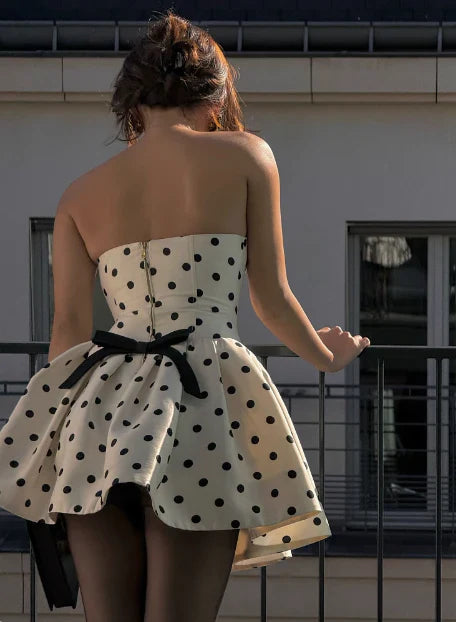 Cute Dot Pattern Design Strapless Bow Zip-up A-Line Homecoming Dress Party Dress Prom Dresses TP4136