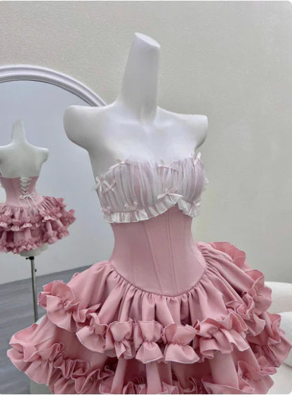 Vintage Pink Sweetheart Ruffle A-Line Tiered Short Party Dress Cocktail Dress Homecoming Dress TP4480