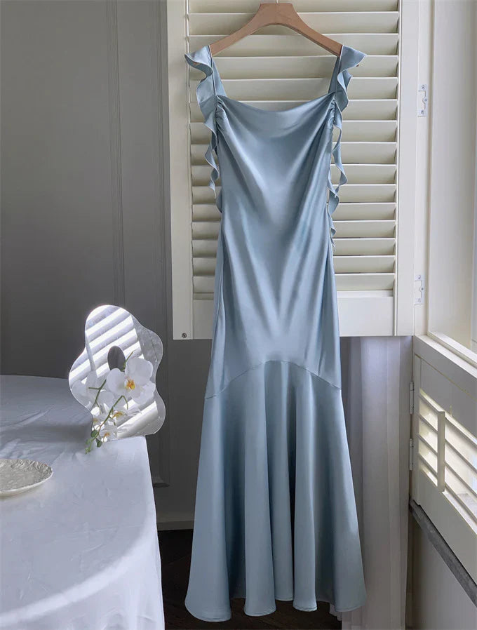 Vestido de fiesta vintage verde salvia con volantes, corte sirena, de satén, largo, para graduación, noche, TP4495