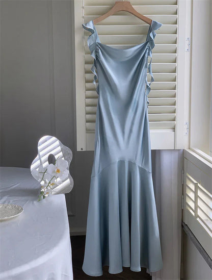Vestido de fiesta vintage verde salvia con volantes, corte sirena, de satén, largo, para graduación, noche, TP4495