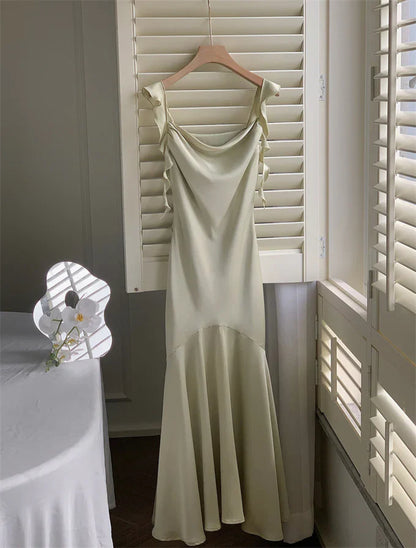 Vestido de fiesta vintage verde salvia con volantes, corte sirena, de satén, largo, para graduación, noche, TP4495