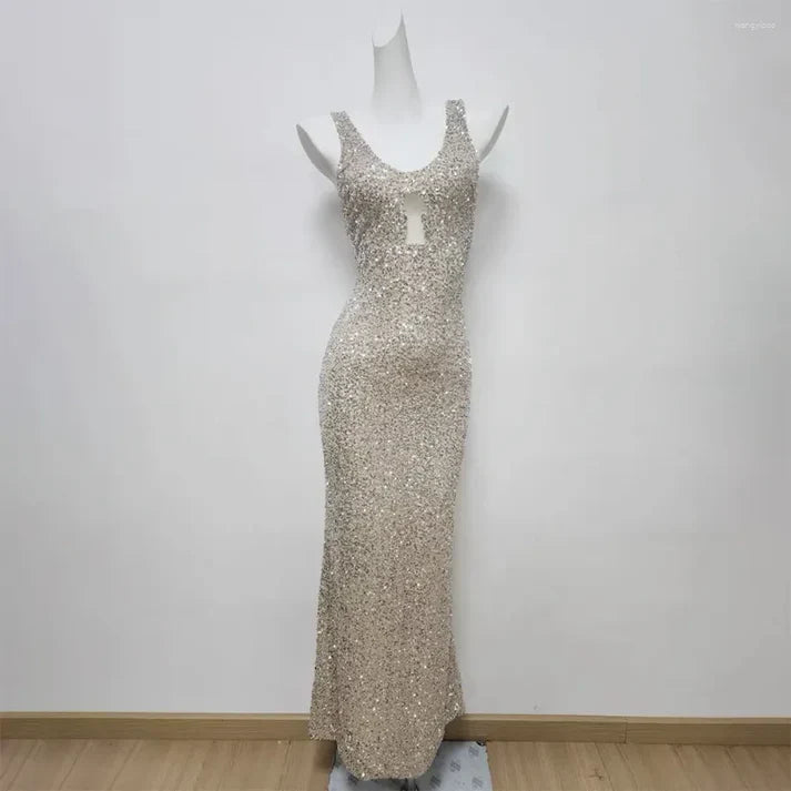 Elegante vestido de fiesta de sirena con cuello halter, lentejuelas brillantes color champán y cuentas, vestido de noche TP4501