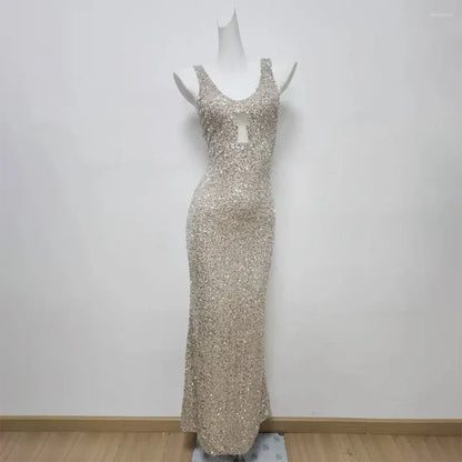 Elegante vestido de fiesta de sirena con cuello halter, lentejuelas brillantes color champán y cuentas, vestido de noche TP4501