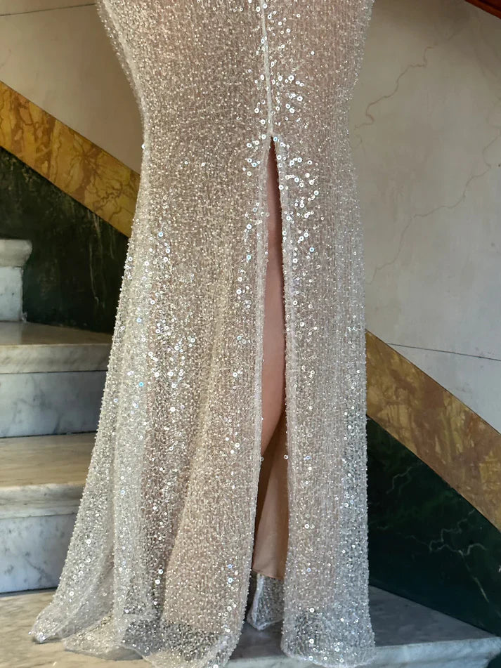 Elegante vestido de fiesta de sirena con lentejuelas brillantes en color rosa y tirantes finos, vestido de noche TP4509