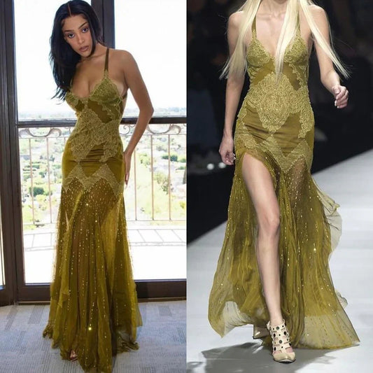 Vintage Beaded Applique High Slit Mermaid Long Prom Dress Party Dress Evening Dress TP4512