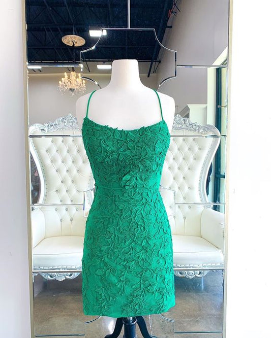 Tie Back Appliqued Sheath Green Homecoming Dress P6912