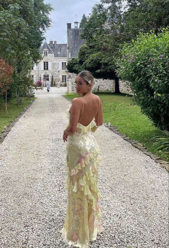 Vestido de fiesta largo estilo sirena con escote en V y tirantes finos, con volantes y flores, TP4493