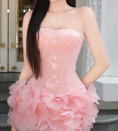 Stunning A Line Strapless Pink Sequin Chiffon Homecoming Dress Cocktail Dress SH3215