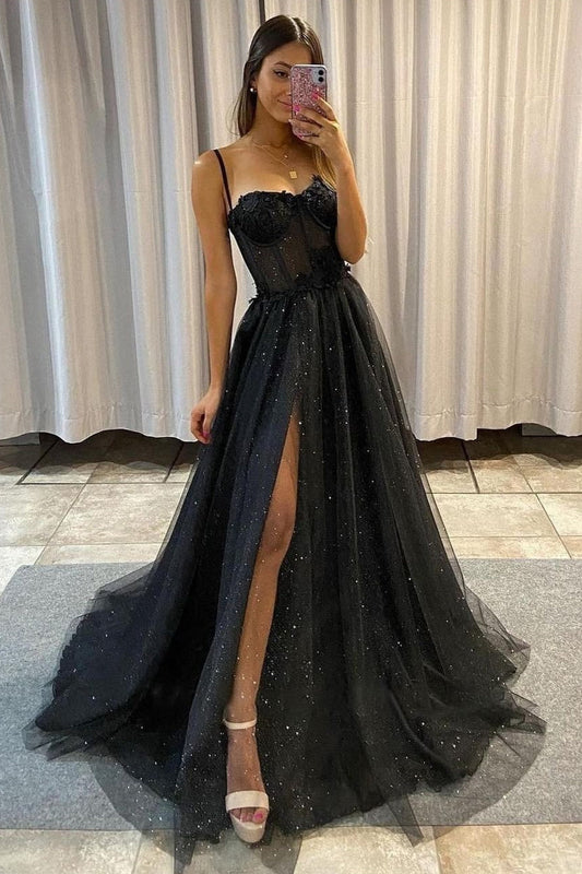 High Split Sparkly Sweetheart Long Prom Dresses, Shiny Lace Applique Formal Dresses GP390