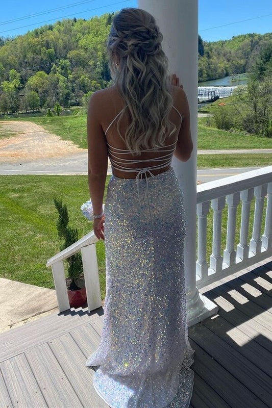 Backless Mermaid White Sequins Long Prom Dress, Evening Gown with Slit GP240