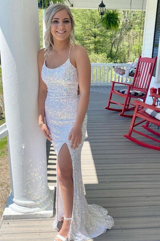 Backless Mermaid White Sequins Long Prom Dress, Evening Gown with Slit GP240
