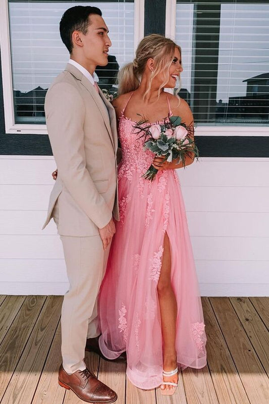 Backless Pink A-line Long Prom Dress, Tulle Applique Formal Gown With Split GP211