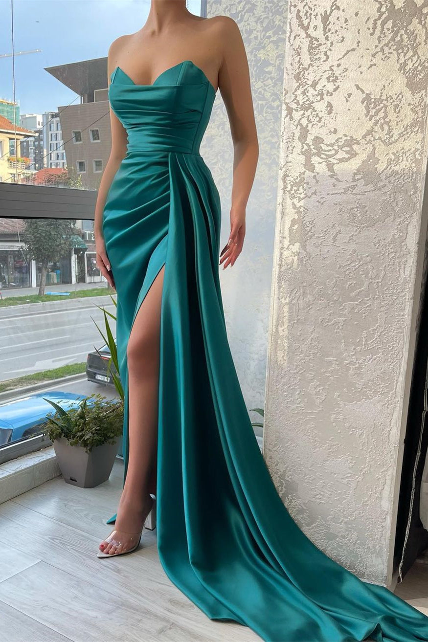 Vestido de fiesta de sirena con volantes, largo hasta el suelo, espalda abierta, cola lateral y abertura alta