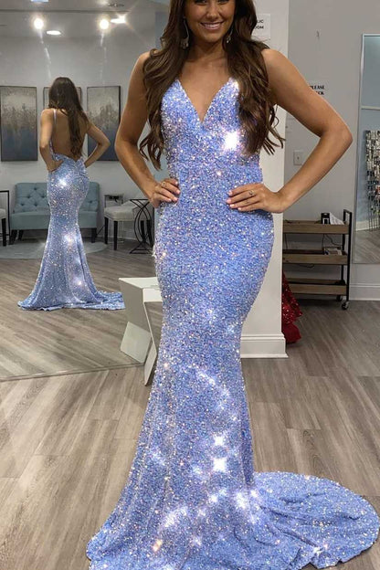 Vestido de fiesta de sirena con lentejuelas azules brillantes y espalda descubierta, vestido de noche con lentejuelas, vestidos de celebridades