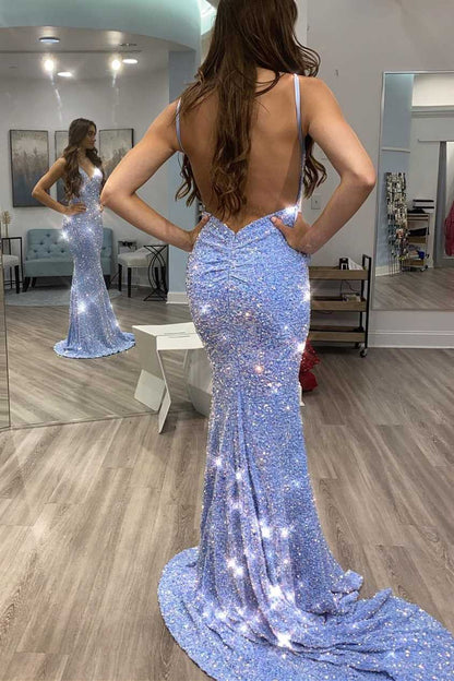 Vestido de fiesta de sirena con lentejuelas azules brillantes y espalda descubierta, vestido de noche con lentejuelas, vestidos de celebridades