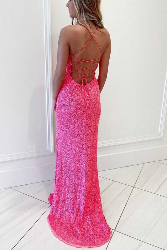 Hot Pink Sequins Mermaid Long Prom Dresses, Slit Long Evening Gowns GP323