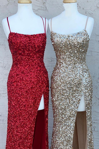 Spaghetti Straps Sequins Mermaid Long Prom Dresses, Slit Evening Gown GP285
