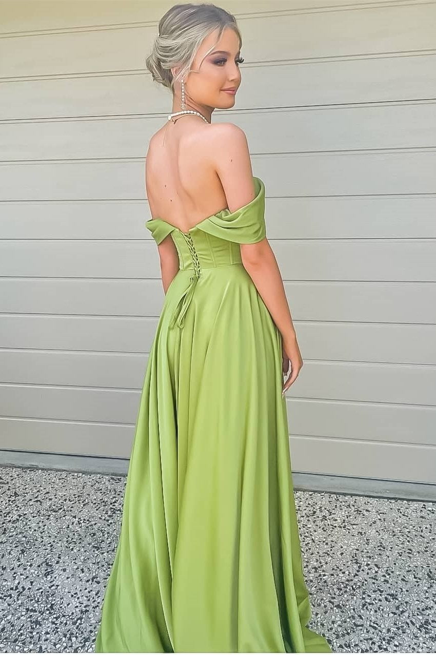 Green Off-the-shoulder High Slit Strapless Prom Dress, Elegant Formal Gown GP315