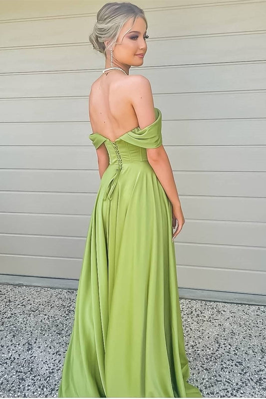 Green Off-the-shoulder High Slit Strapless Prom Dress, Elegant Formal Gown GP315