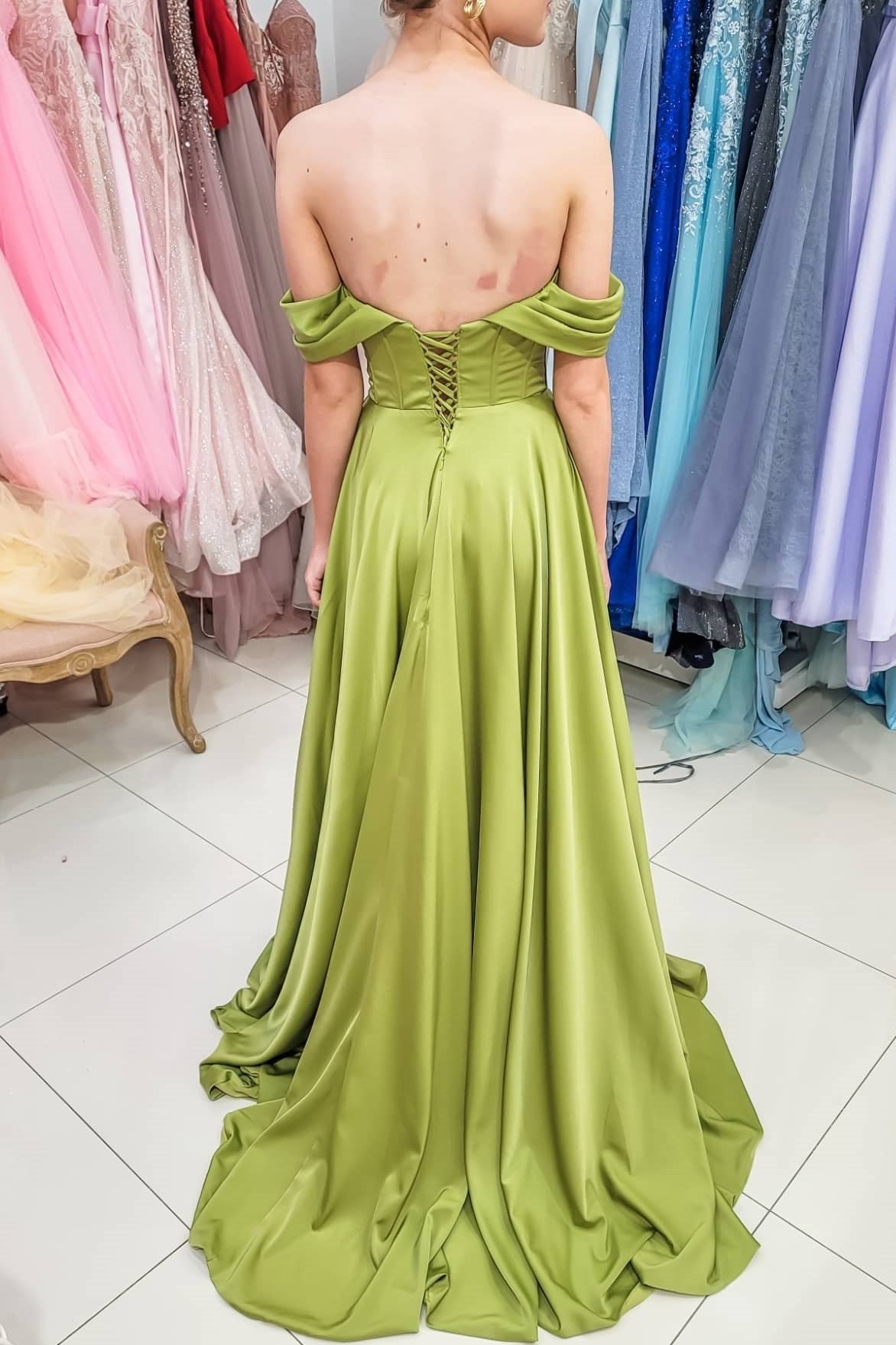 Green Off-the-shoulder High Slit Strapless Prom Dress, Elegant Formal Gown GP315