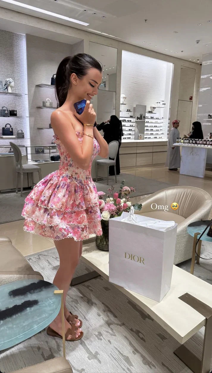Cute Floral Strapless Design A-line Tiered Party Dress Homecoming Dress TP4078