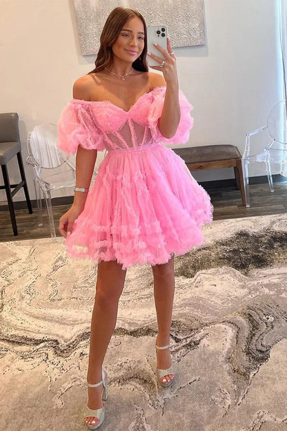 Elegant Short Tulle Homecoming Dress with Off The Shoulder Neckline and A Line Silhouette