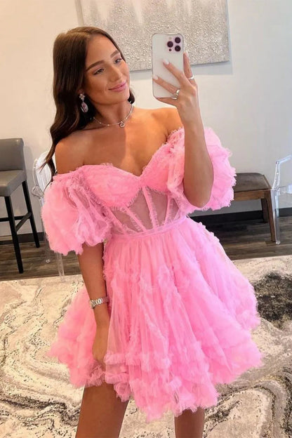 Elegant Short Tulle Homecoming Dress with Off The Shoulder Neckline and A Line Silhouette