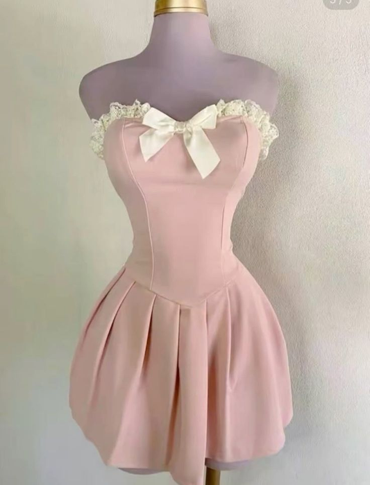 Simple Pink Strapless Satin A Line Birthday Dress Short Vacation Dress Women Dress S844