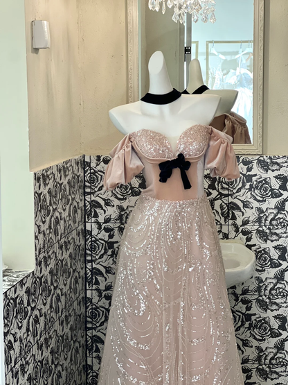 Princess A Line Puff Sequin Velvet Tulle 18th Birthday Dress Prom Dress SH3846