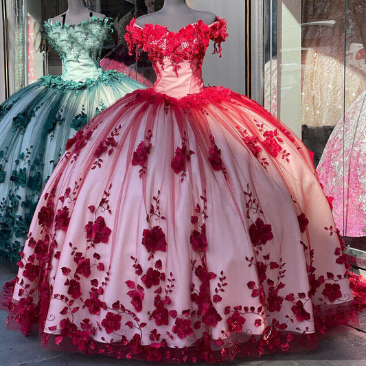 Red Off The Shoulder 3D Flowers Sweet 16 Party Dress Quinceanera Dresses  SH822