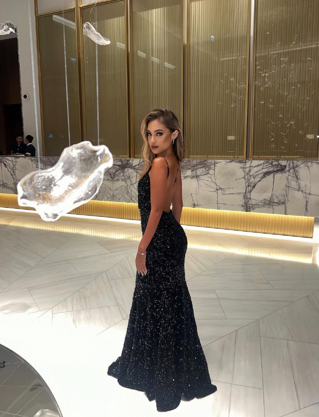 Vestido largo de fiesta con lentejuelas negras y sirena único