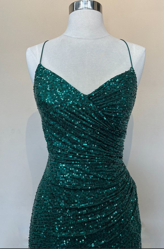 Simple Green Sequin Mermaid Slit Prom Dress Evening Dress SH1230